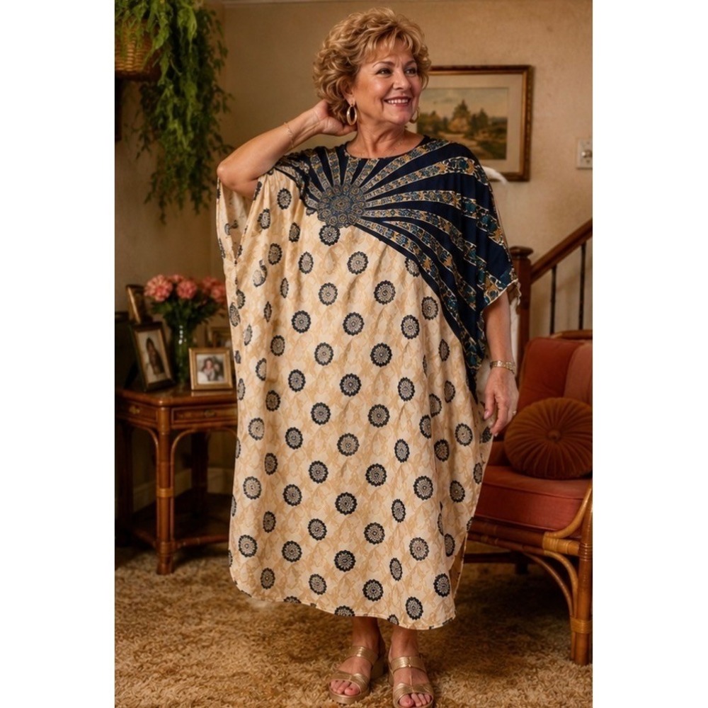 Stacey Summers Kaftan Tunic Dress Womens OSFA Ivory Navy Floral Boho Cover-Up‎